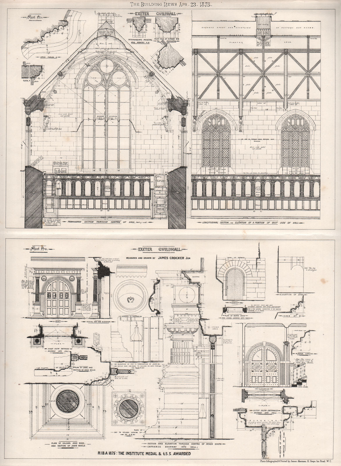 Exeter Guildhall; measured & drawn by James Crocker, Jr. 1875 old print